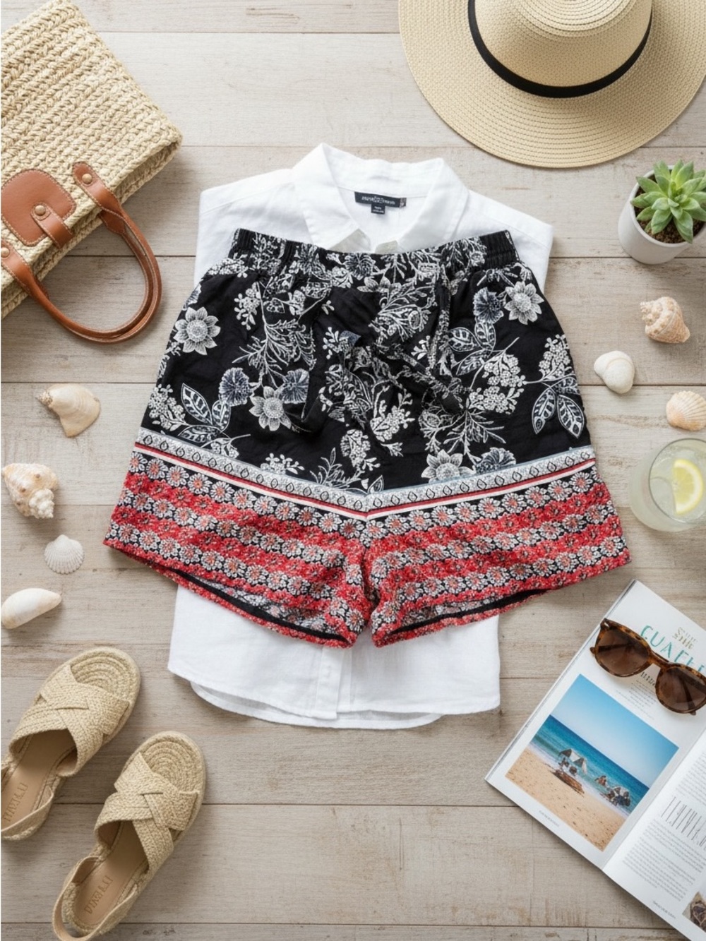 Angie Black Floral Border-Print Shorts with Red Accent